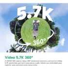 Akaso 360: Pessoa em esfera de grama verde com céu azul e texto 5.7K 360