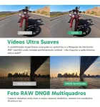 Akaso Câmera de Ação: Comparativo de moto estabilizada e paisagem urbana com detalhes aprimorados.