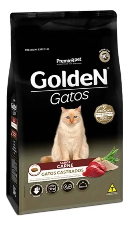 Embalagem preta de Golden Gatos com gato bege, carne e ervas verdes