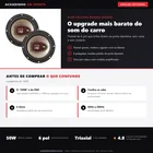 Infográfico editorial Achadinho: Alto-Falante Triaxial Bravox B3X60X de 6 polegadas - upgrade barato do som do carro que entra direto na porta, sem caixa nem módulo. 50W RMS por unidade (100W só somando o par), impedância de 4 ohms.