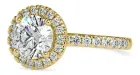 Anel de noivado ouro amarelo com diamante redondo e halo de diamantes.
