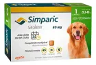 Embalagem Simparic branca e verde com cachorro e comprimido marrom.