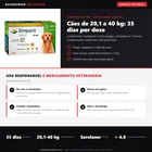 Infográfico da análise editorial Achadinho: Simparic 80 mg (sarolaner) para cães de 20,1 a 40 kg - pulgas, carrapatos e sarnas por 35 dias; medicamento veterinário sob prescrição, só para cães