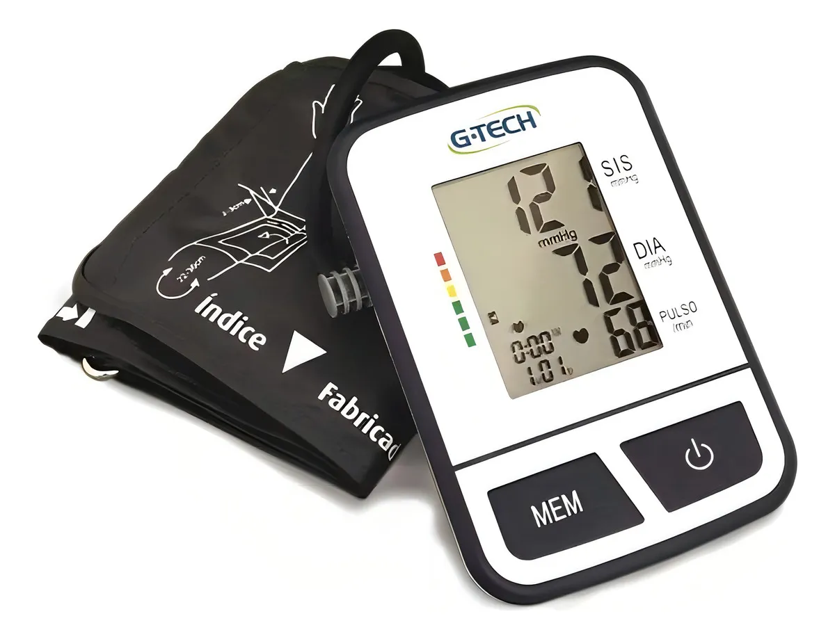 Aparelho de Pressão Digital G-tech branco com tela e braçadeira preta