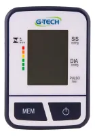 Medidor de pressão digital G-tech branco com tela escura e botões azuis.