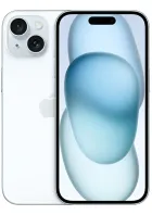 Apple iPhone 15 branco, exibindo frente com tela azul e verso com câmeras.
