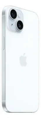 Apple iPhone 15 branco com duas câmeras traseiras e logo Apple.