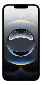 Apple iPhone 16 preto com tela escura e esfera reflexiva colorida