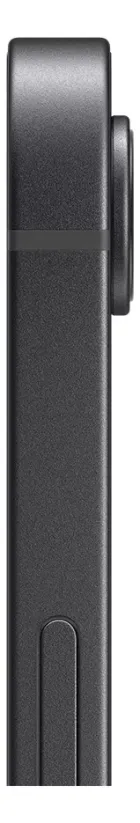 Apple iPhone 16 preto, lateral com câmera, faixa e botão.