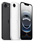 Três Apple iPhone 16, um preto, um branco e um prateado com tela ligada.