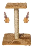 Arranhador para gatos poste bege com corda, base e dois brinquedos pendurados.