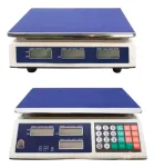 Balança Comercial Digital branca e azul, teclado numérico colorido e três displays.