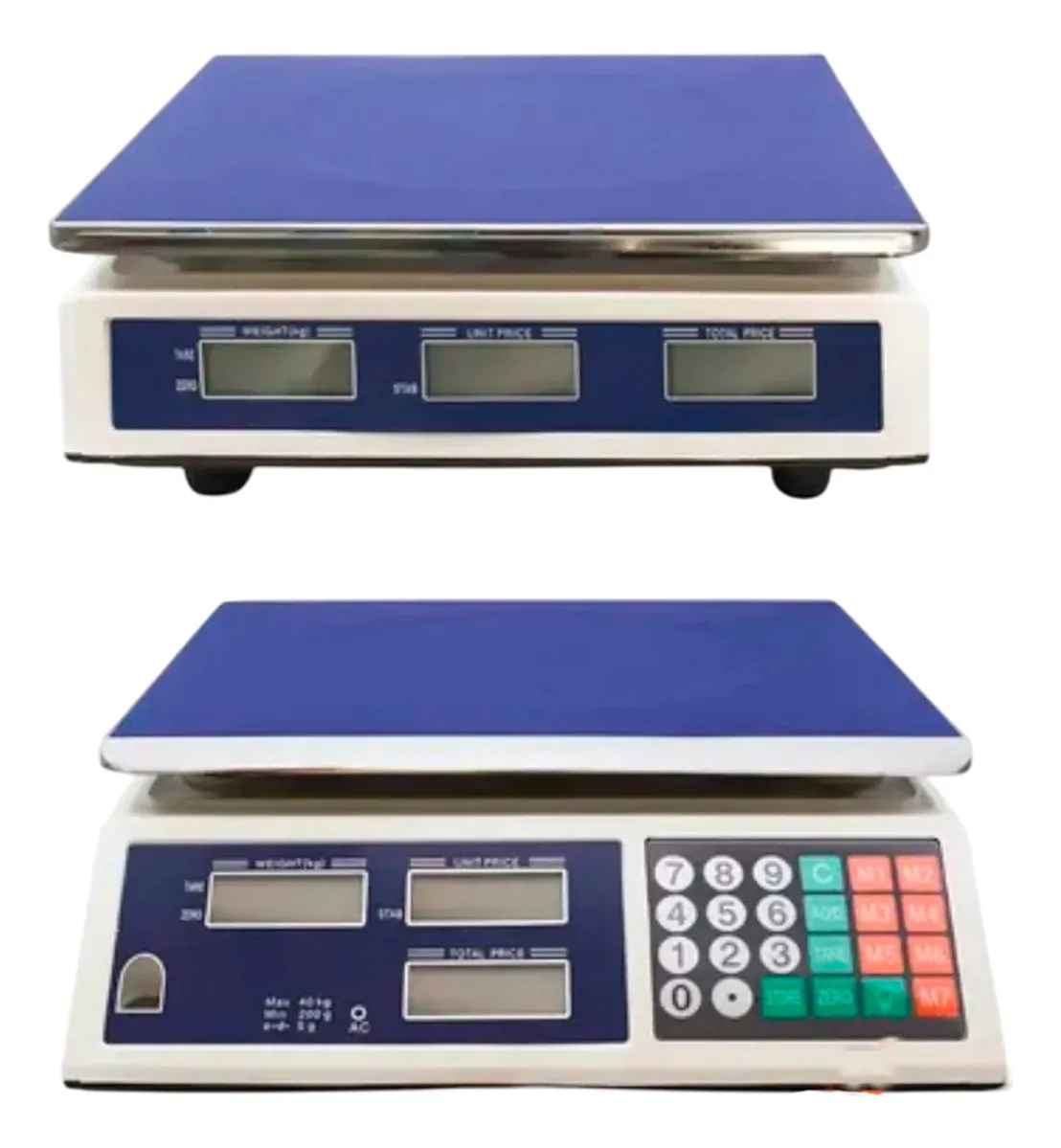 Balança Comercial Digital branca e azul, teclado numérico colorido e três displays.