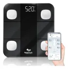 Balança digital Relaxmedic preta com 4 sensores brancos e smartphone exibindo app.