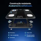 Balança Digital Corporal preta desmontada mostrando eletrodos, visor LCD e pés de borracha.