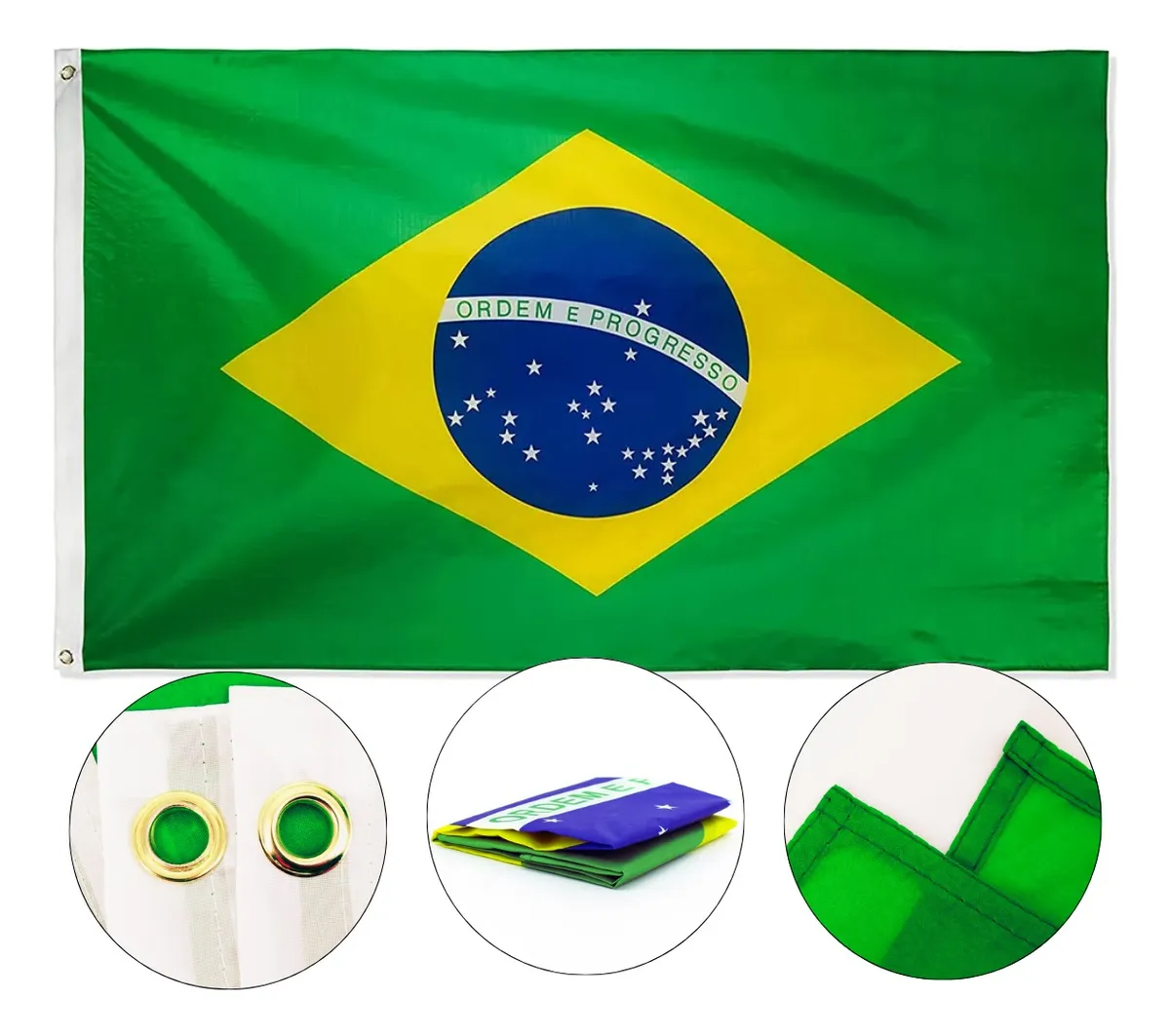 Bandeira do Brasil verde, amarela e azul com ilhós dourados e costura.