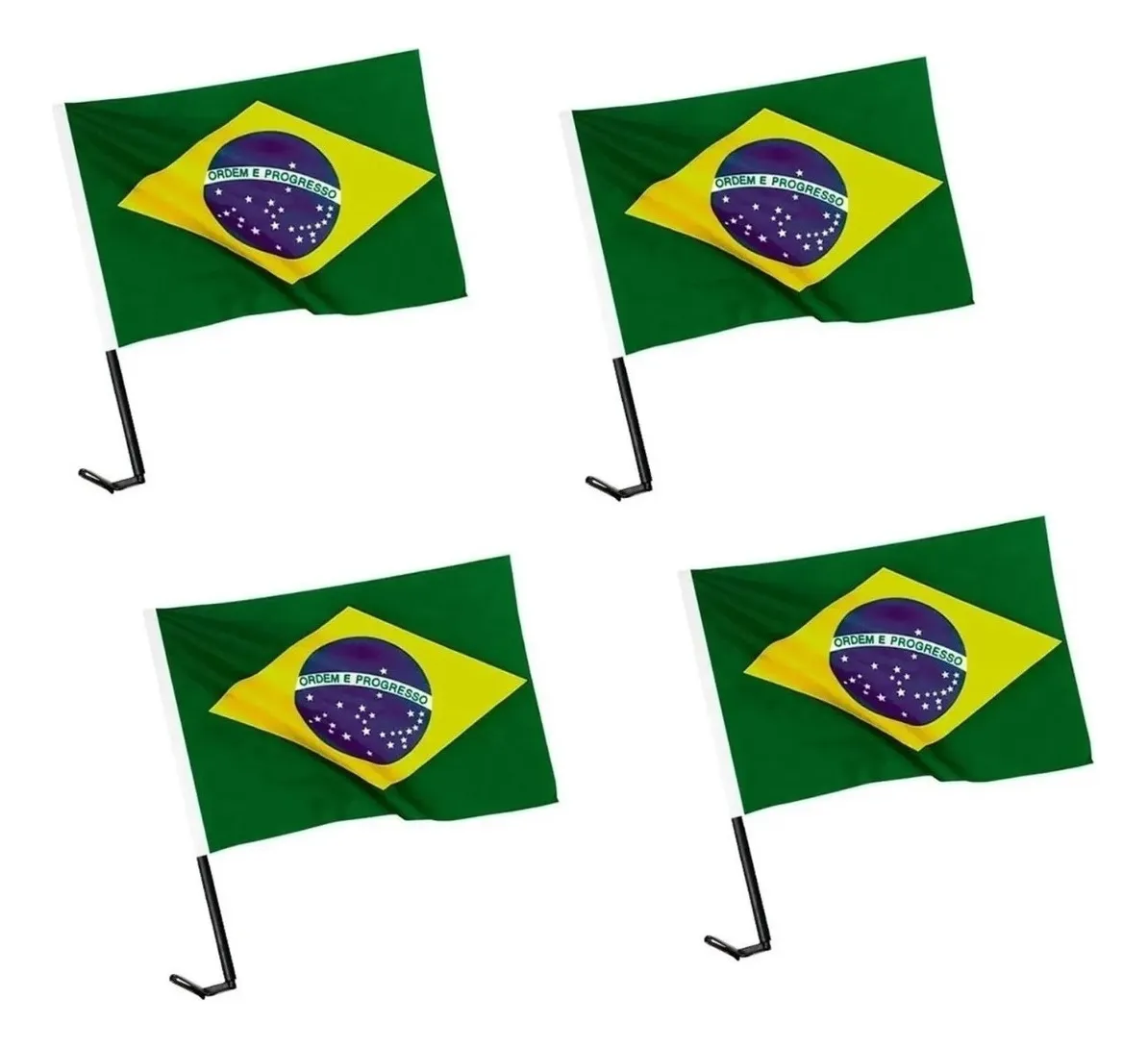 Quatro bandeiras do Brasil pequenas, verdes e amarelas, com suporte preto.
