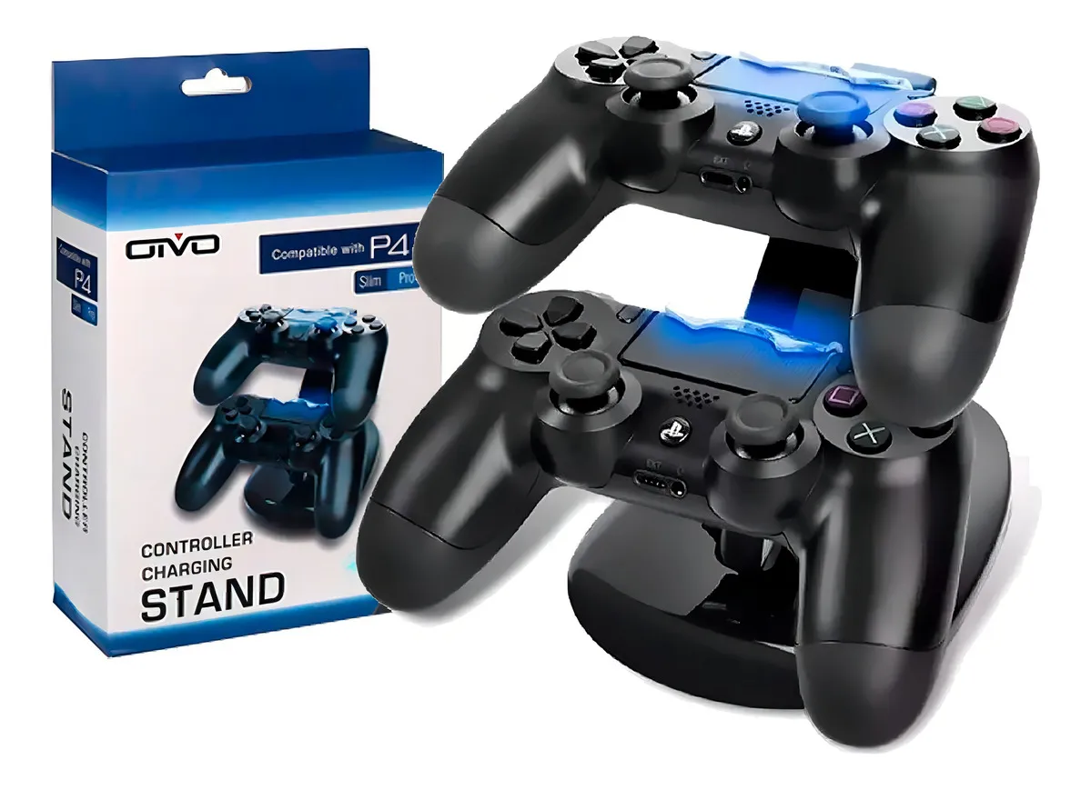 Base carregador Ps4 preta com dois controles pretos e luz azul, caixa branca e azul.