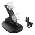 Base carregador Ps4 preta com dois encaixes transparentes e cabo USB.