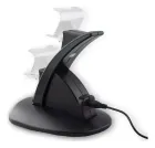 Base Carregador Ps4 Duplo preta com design curvo e cabo USB conectado