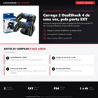 Infográfico editorial Achadinho: base carregadora dupla para DualShock 4 do PS4; carrega 2 controles ao mesmo tempo pela porta EXT e libera as portas USB do console, com carga em cerca de 2 a 4 horas; nao serve no DualSense do PS5