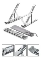 Base suporte prateada para notebook aberta e dobrada com bolsa cinza.