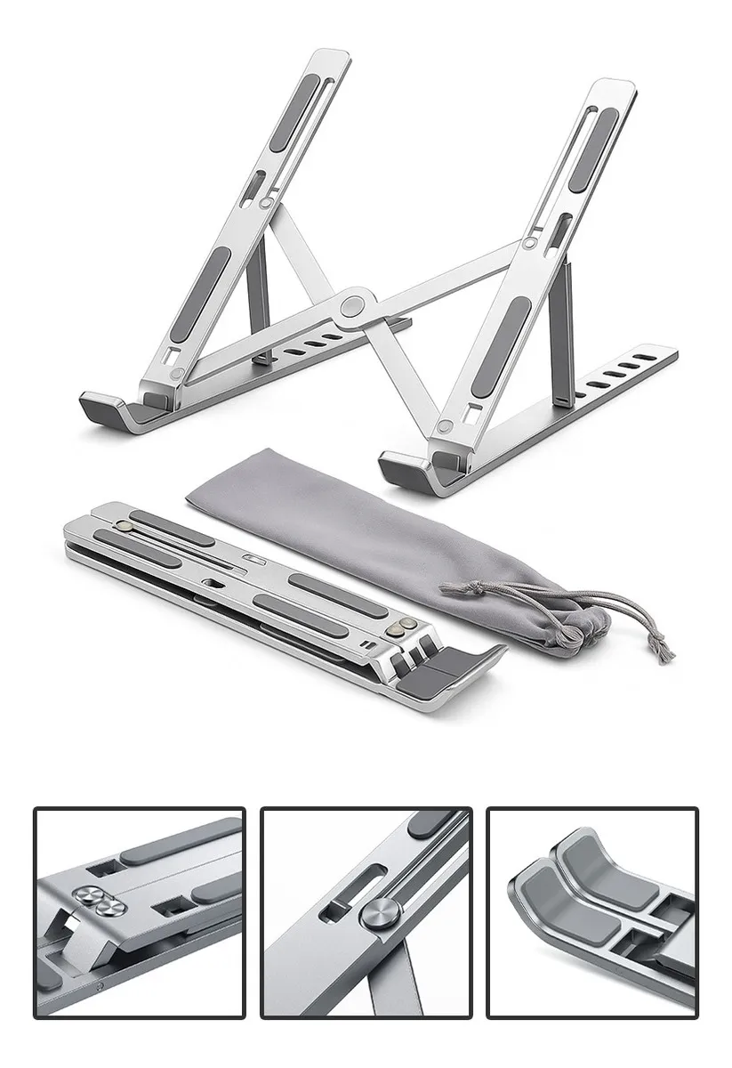 Base suporte prateada para notebook aberta e dobrada com bolsa cinza.