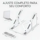 Base Suporte Notebook prateada articulada e dobrável, com dimensões.