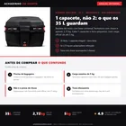 Infográfico editorial Achadinho: baú bauleto Stoned Tracker 35 litros preto em polipropileno, com encaixe Monolock e base universal, destacando capacidade, peso de 2,72 kg e limitações honestas de carga e vedação.