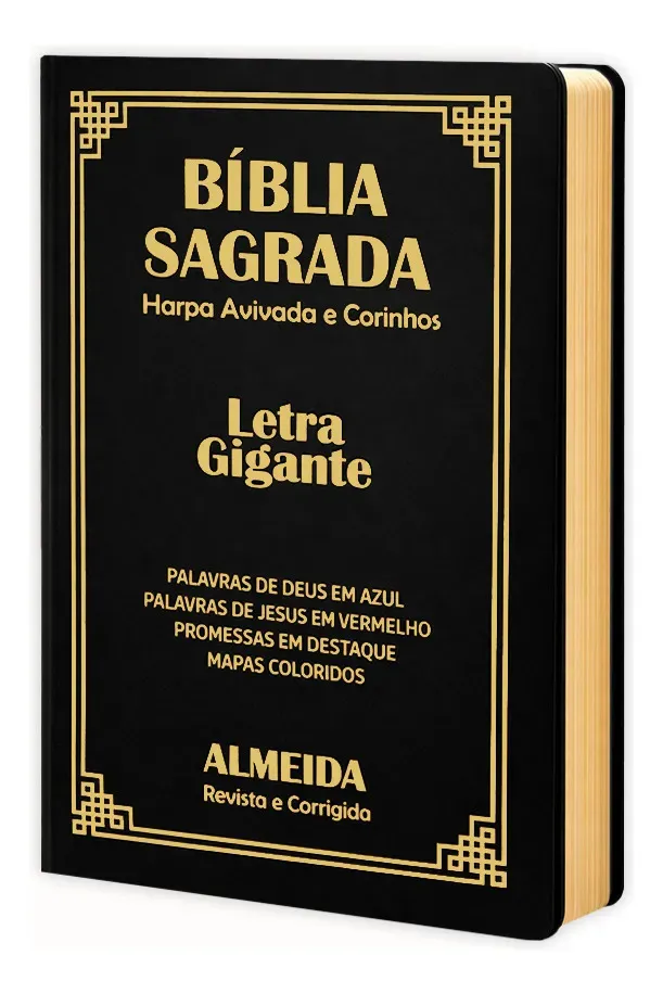 Biblia Sagrada preta com capa dura, letras e detalhes dourados, laterais douradas