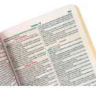 Biblia Sagrada Letra Gigante aberta, páginas brancas com texto preto, vermelho e verde.