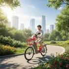 Pessoa em bicicleta elétrica vermelha com cesto, pedalando em parque urbano ensolarado.