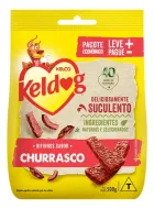 Pacote amarelo de Bifinho Keldog Churrasco com logo vermelho e bifinhos marrons.