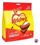 Pacote Keldog vermelho e amarelo de bifinho churrasco com petiscos marrons.