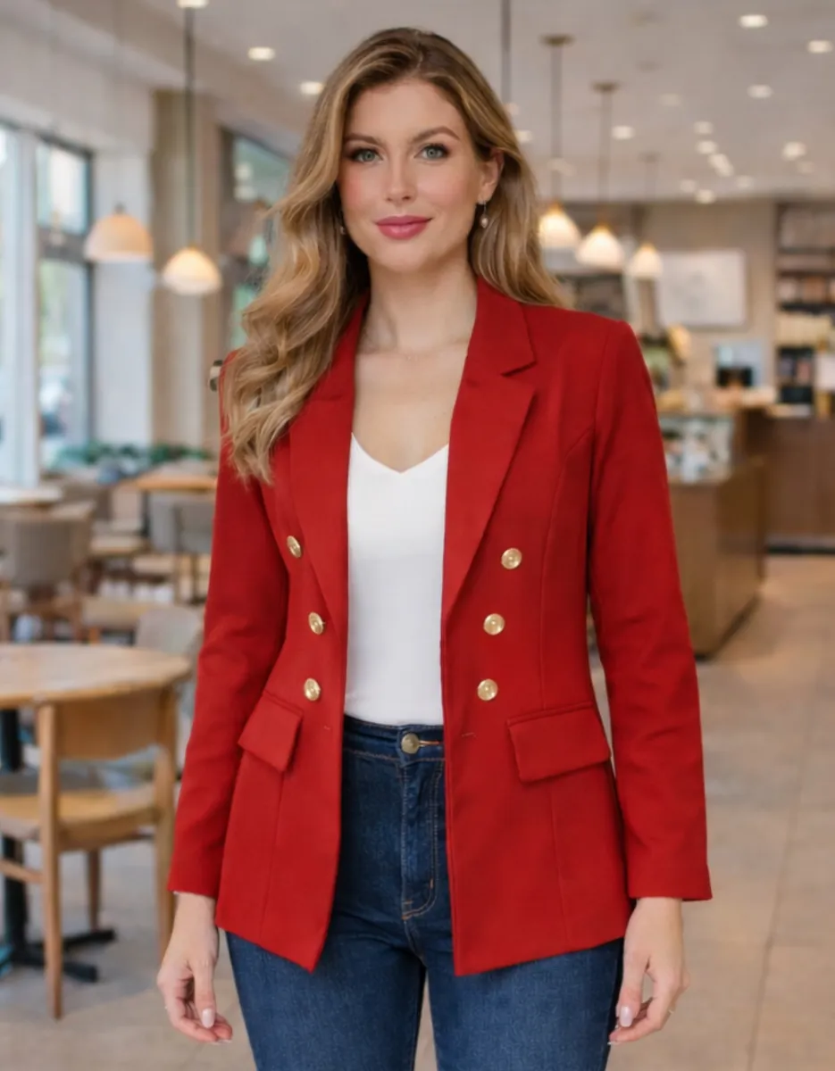 Blazer feminino vermelho alfaiataria com botões dourados