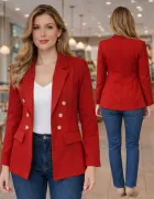 Blazer feminino vermelho com botões dourados, vista frontal e traseira