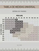 Tabela de medidas universal para blazer feminino, com peso, altura e tamanhos.