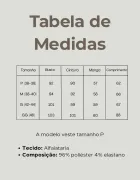 Tabela de medidas cinza para blazer feminino, com tamanhos, busto, cintura e composição.