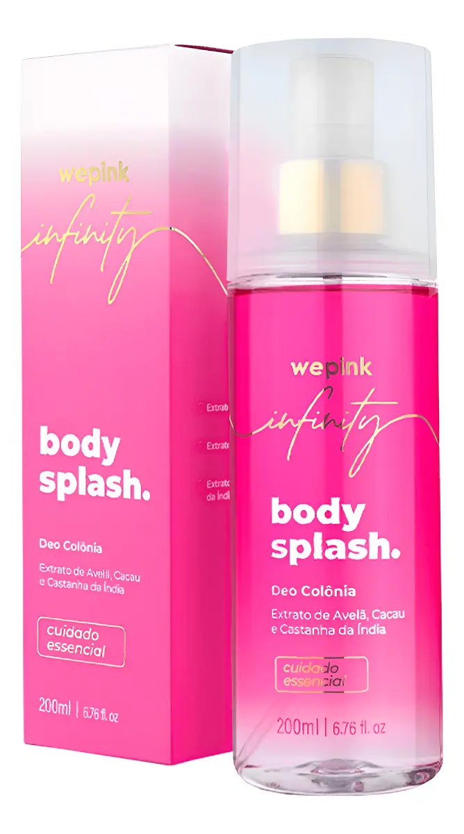 Body Splash Infinity frasco e caixa rosa vibrante com detalhes dourados
