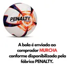 Bola de futebol Penalty branca, roxa e laranja com padrões gráficos.