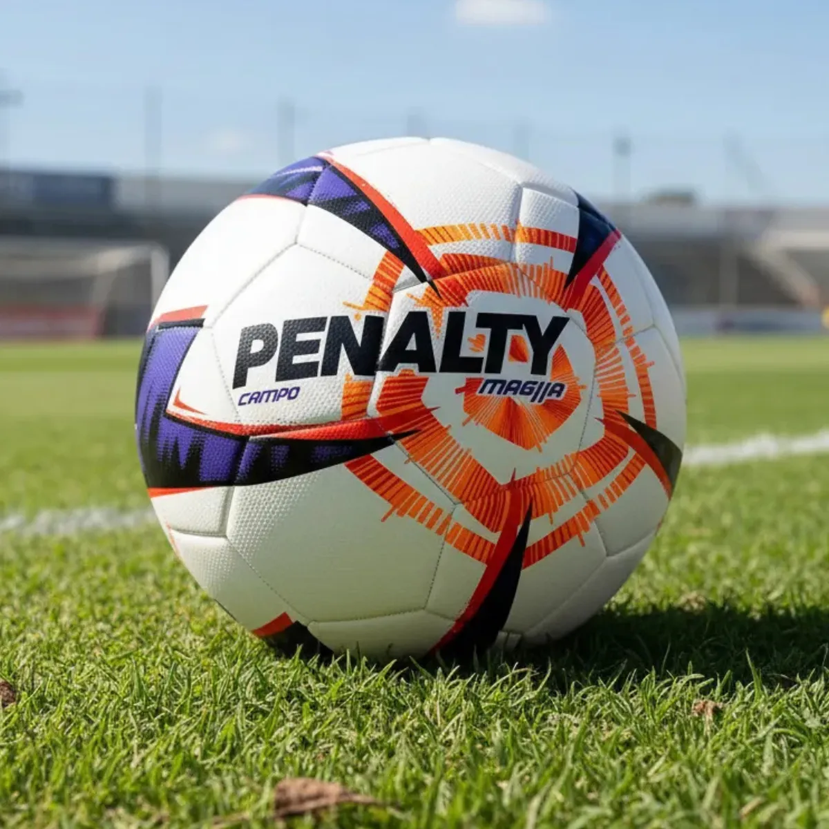 Bola de Futebol Campo Penalty Mag11a branca, roxa e laranja na grama