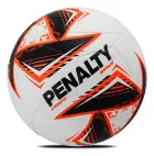 Bola de futebol Penalty branca com padrões pretos e laranjas.