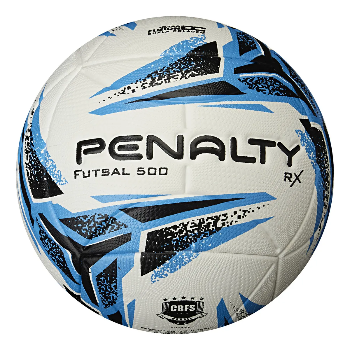 Bola Futsal Penalty branca com padrões geométricos azuis e pretos