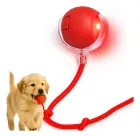 Bola Inteligente vermelha com luz, corda e filhote golden retriever com bola.