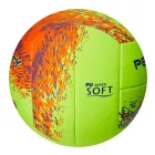 Bola de vôlei verde limão e laranja com estampa abstrata e texto.