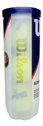 Tubo azul e branco de Bolas de Tênis Wilson com bolas amarelas visíveis