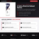 Infográfico editorial Achadinho: tubo de bolas de tênis Wilson Roland Garros All Court, amarelas, com selo de aprovação ITF e destaque para o feltro que limita umidade no saibro.