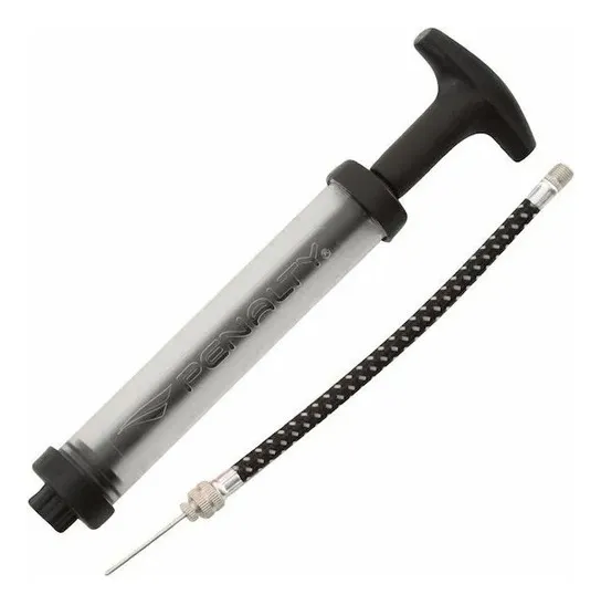 Bomba Penalty Sac Dupla Ação transparente com cabo preto, mangueira e agulha.