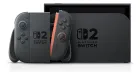 Nintendo Switch 2 cinza escura, Joy-Cons com detalhe laranja, console no dock.