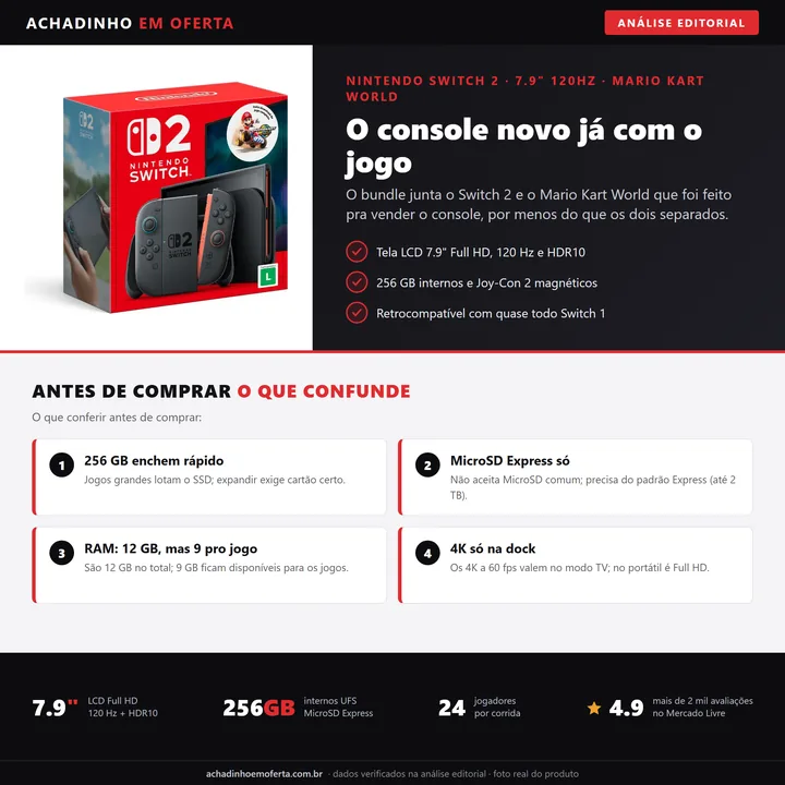 Infográfico editorial Achadinho: Bundle Nintendo Switch 2 com jogo Mario Kart World, tela LCD 7.9 polegadas Full HD 120 Hz, 256 GB, RAM 12 GB e Joy-Con 2 magnéticos.